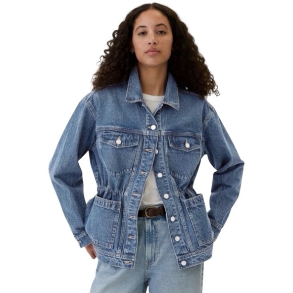 Gap Cinch Waist Denim Jacket Size Medium Blue Medium Wash Utility - Picture 6 of 6